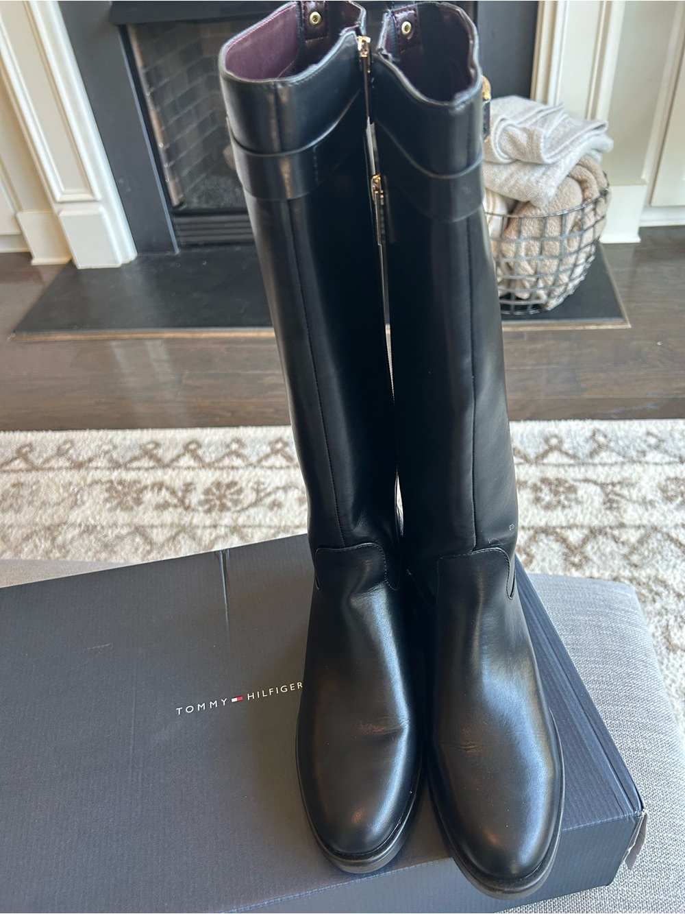 Tommy Hilfiger Black Leather Knee-High Riding Boots